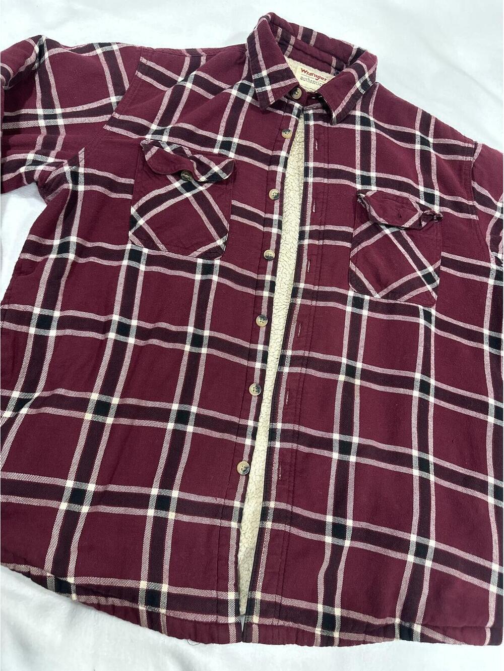 Wrangler Authentics Men's Burgundy Plaid Sherpa-Lined Shirtj